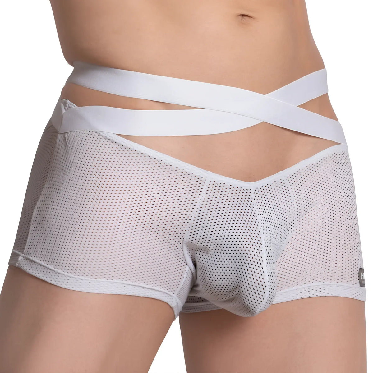 White mesh briefs hung hgg014 boxer trunk with crossed elastic straps at the waist for breathable comfort