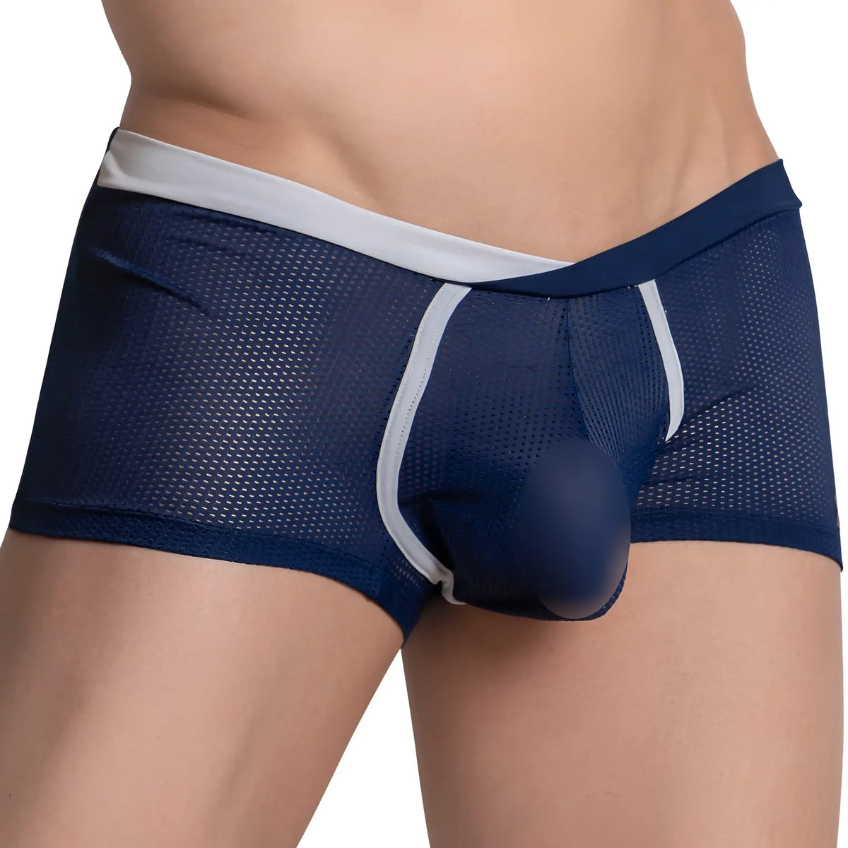 Navy blue mesh Hung HGG015 boxer trunk briefs with white trim and solid dark blue pouch for breathable comfort