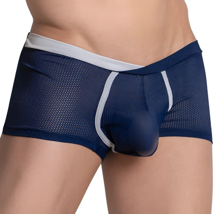 Navy blue mesh Hung HGG015 boxer trunk briefs with white trim and solid dark blue pouch for breathable comfort