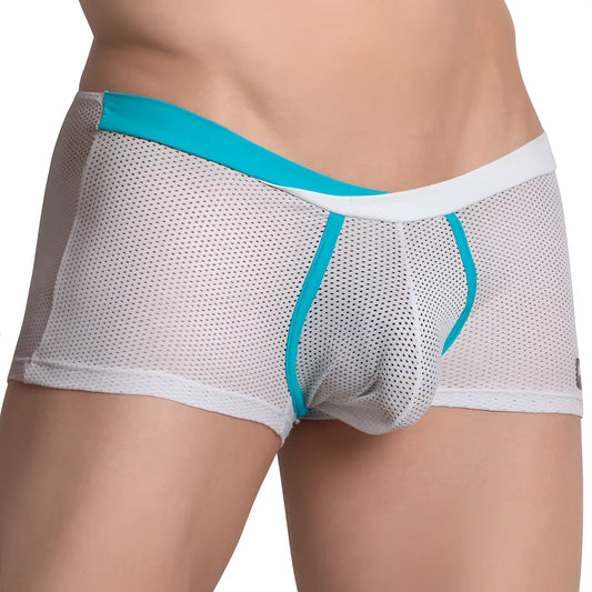White mesh briefs with turquoise and white trim from hung hgg015 boxer trunk collection