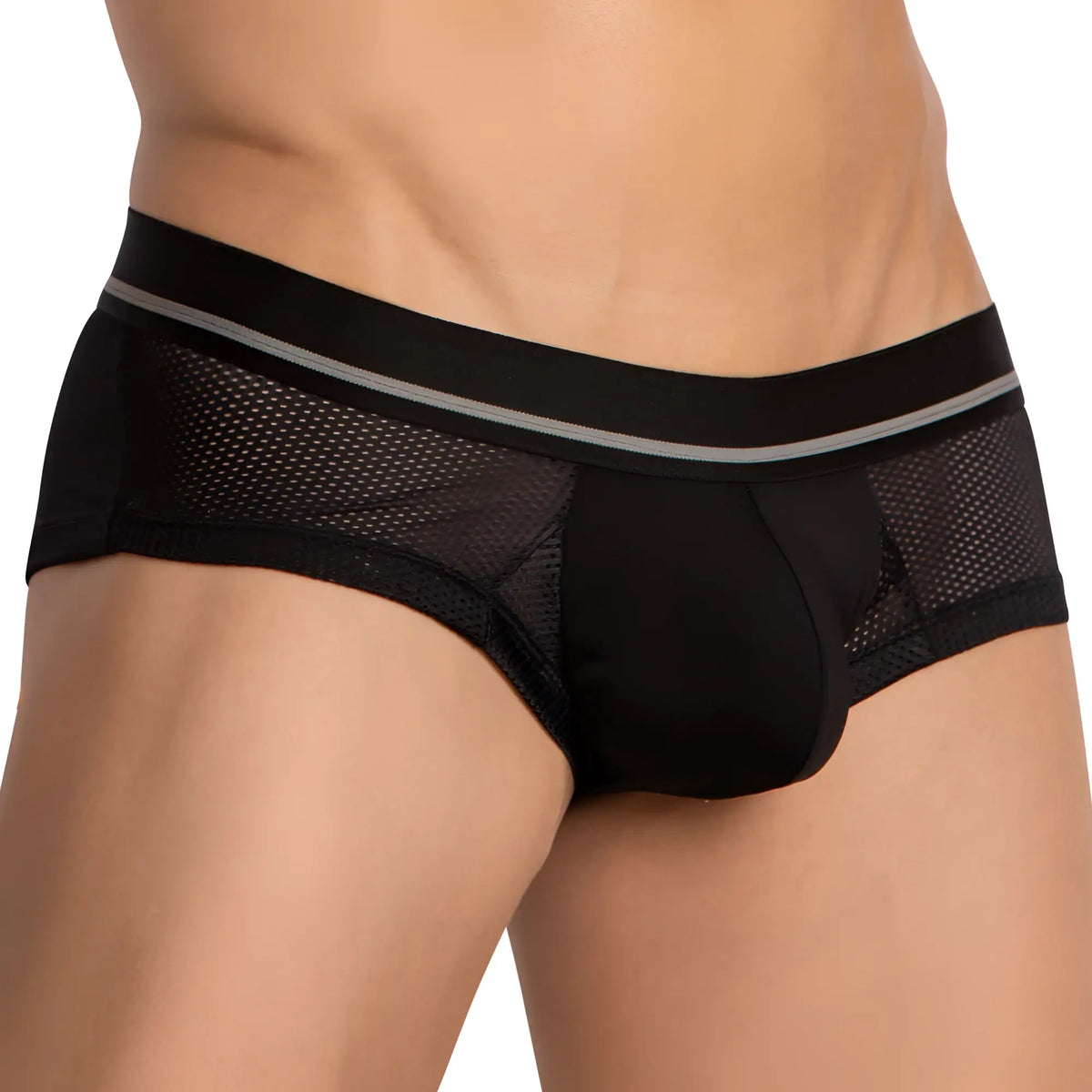 Black mesh briefs hung hgg016 with solid black waistband and thin gray stripes designed for comfortable wear