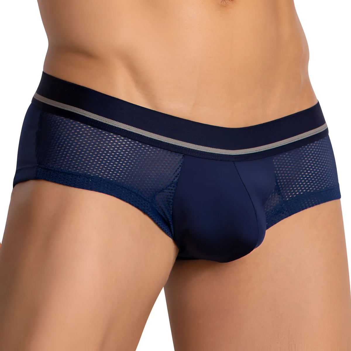 Navy blue hung HGG016 briefs with navy mesh body, solid fabric pouch, and gray waistband trim