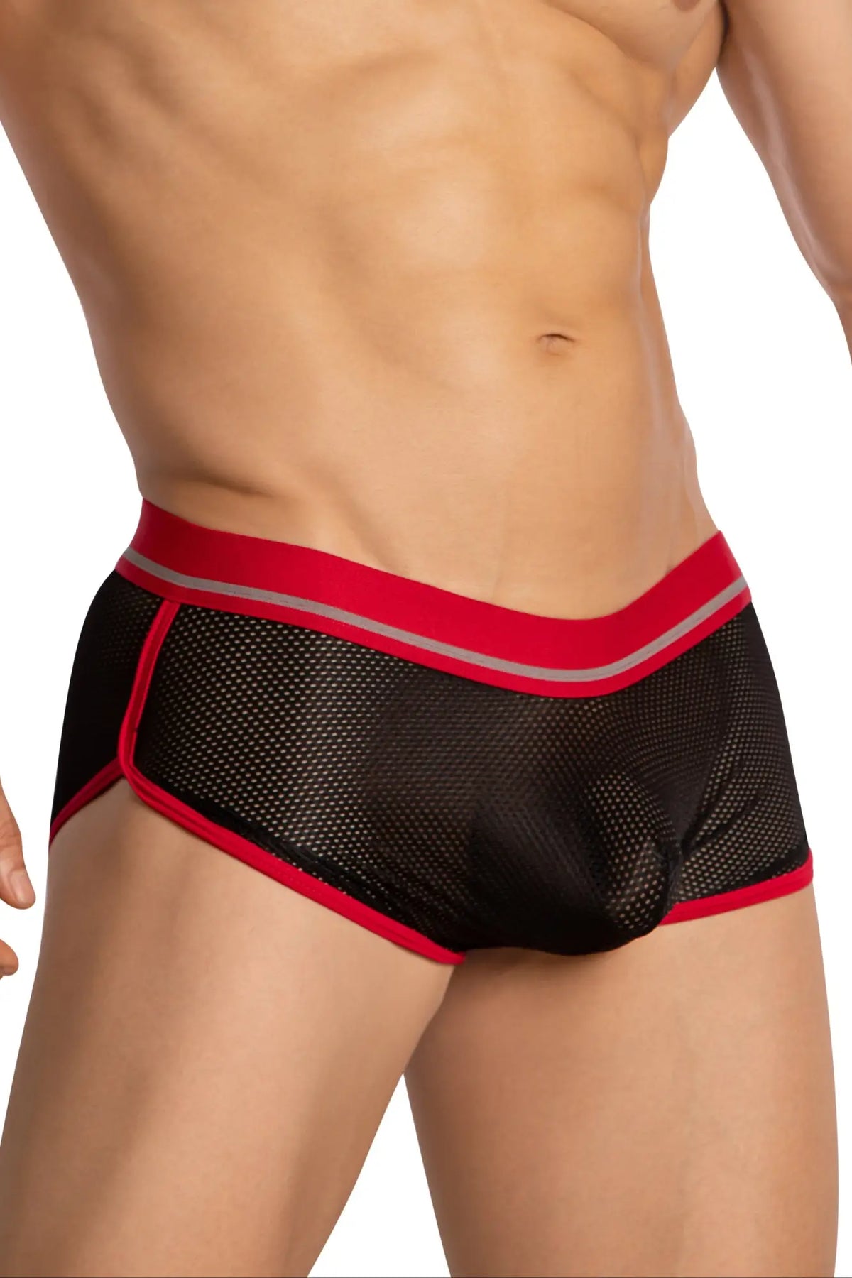 Hung HGG017 boxer trunk black mesh briefs with red and gray trim for breathable comfortable wear