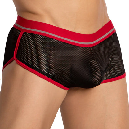 Hung hgg017 boxer trunk black mesh briefs with red trim and silver stripe along the waistband