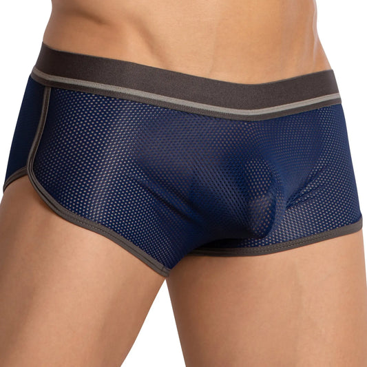 Hung HGG017 boxer trunk dark blue mesh briefs with black elastic waistband and gray trim for comfortable wear