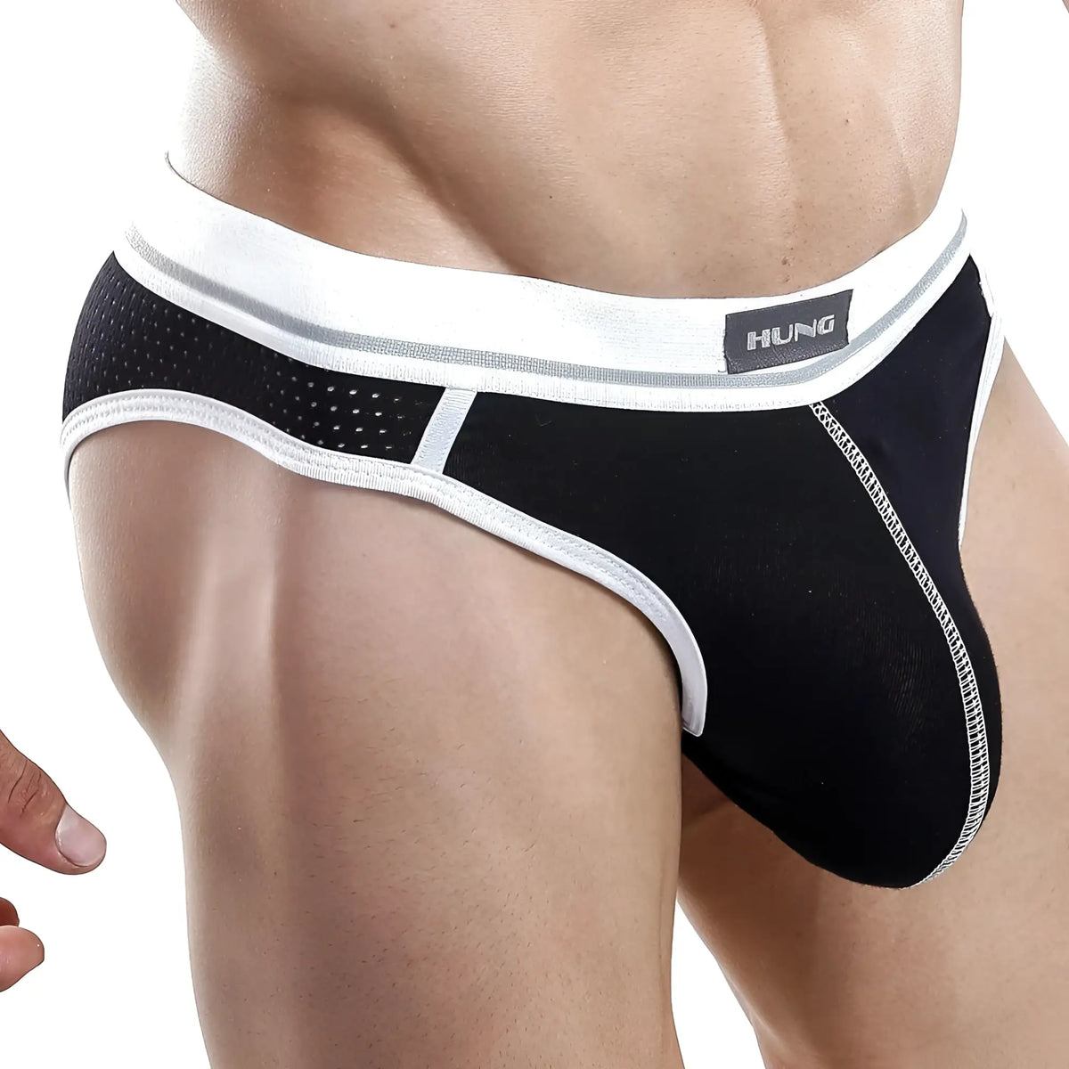 Black and white hung hgi004 brief with mesh panel elastic waistband and contrasting stitching for men