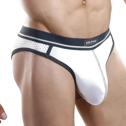 White and black hung hgi004 briefs with mesh side panel showcasing breathable material and stylish design