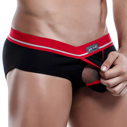 Black and red hung HGJ002 brief with gray waistband tag designed for athletic support and comfort