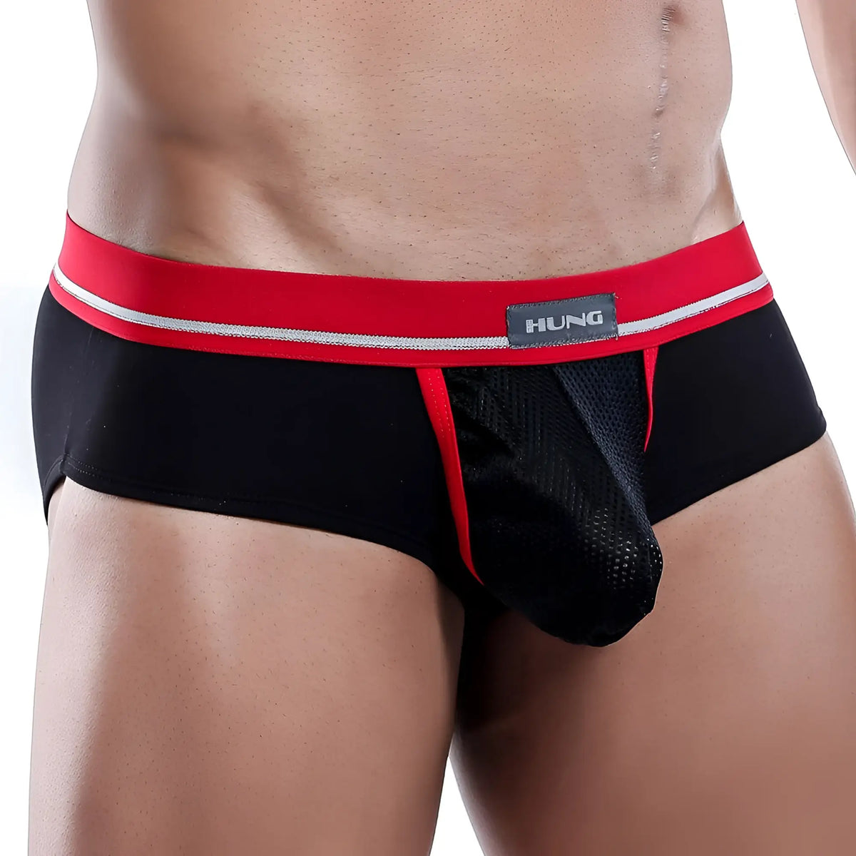 Black and red hung hgJ002 brief menâ€™s underwear with mesh front panel for breathable comfort