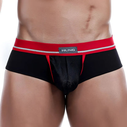 Black and red hung hgJ002 briefs with mesh front panel for breathable comfort