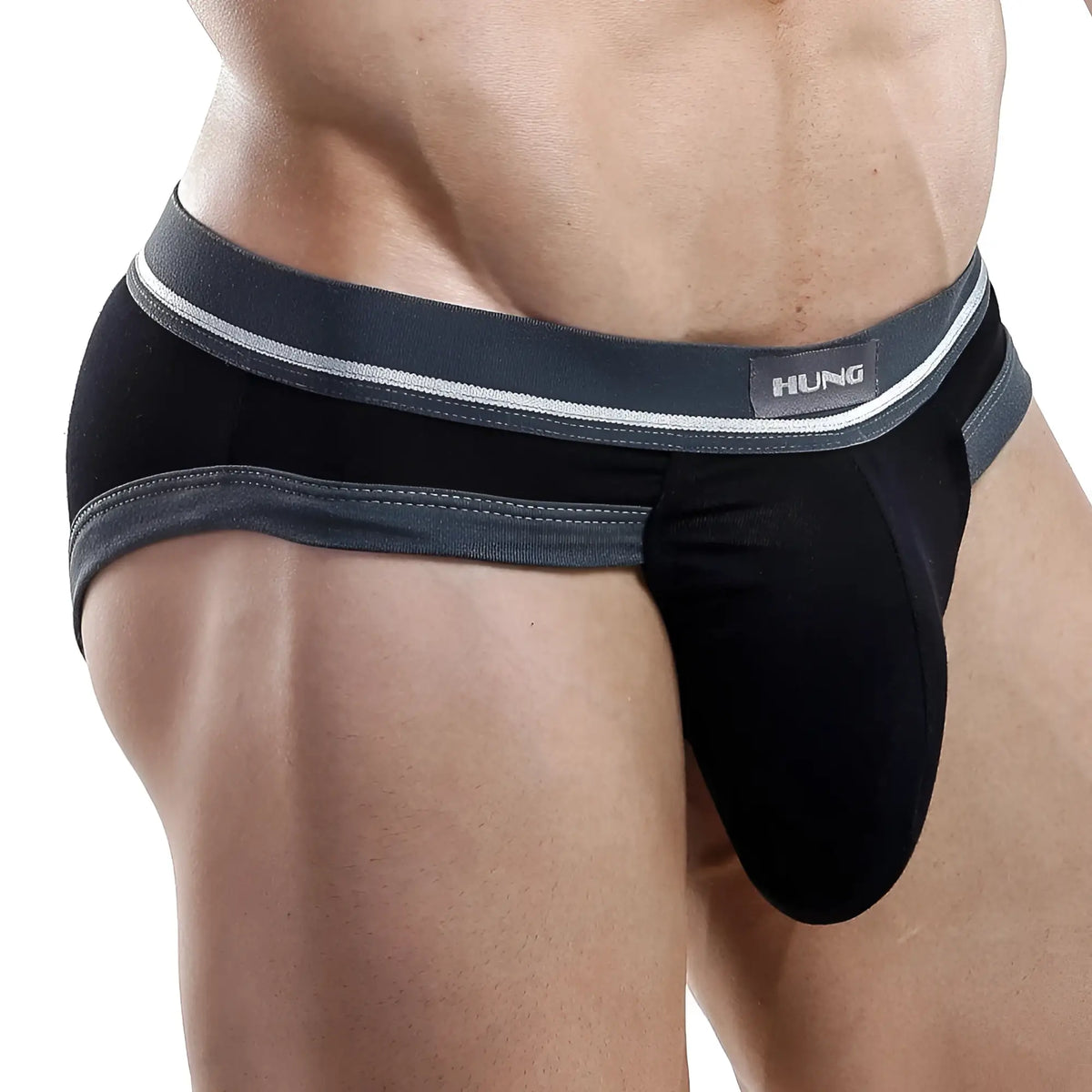 Black hung brand HGJ003 briefs with gray waistband white trim and stitched detailing for comfortable wear