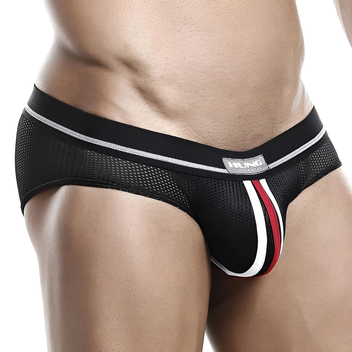 Black mesh briefs with white and red striped accent and gray hung brand label on waistband hung hgJ007 brief