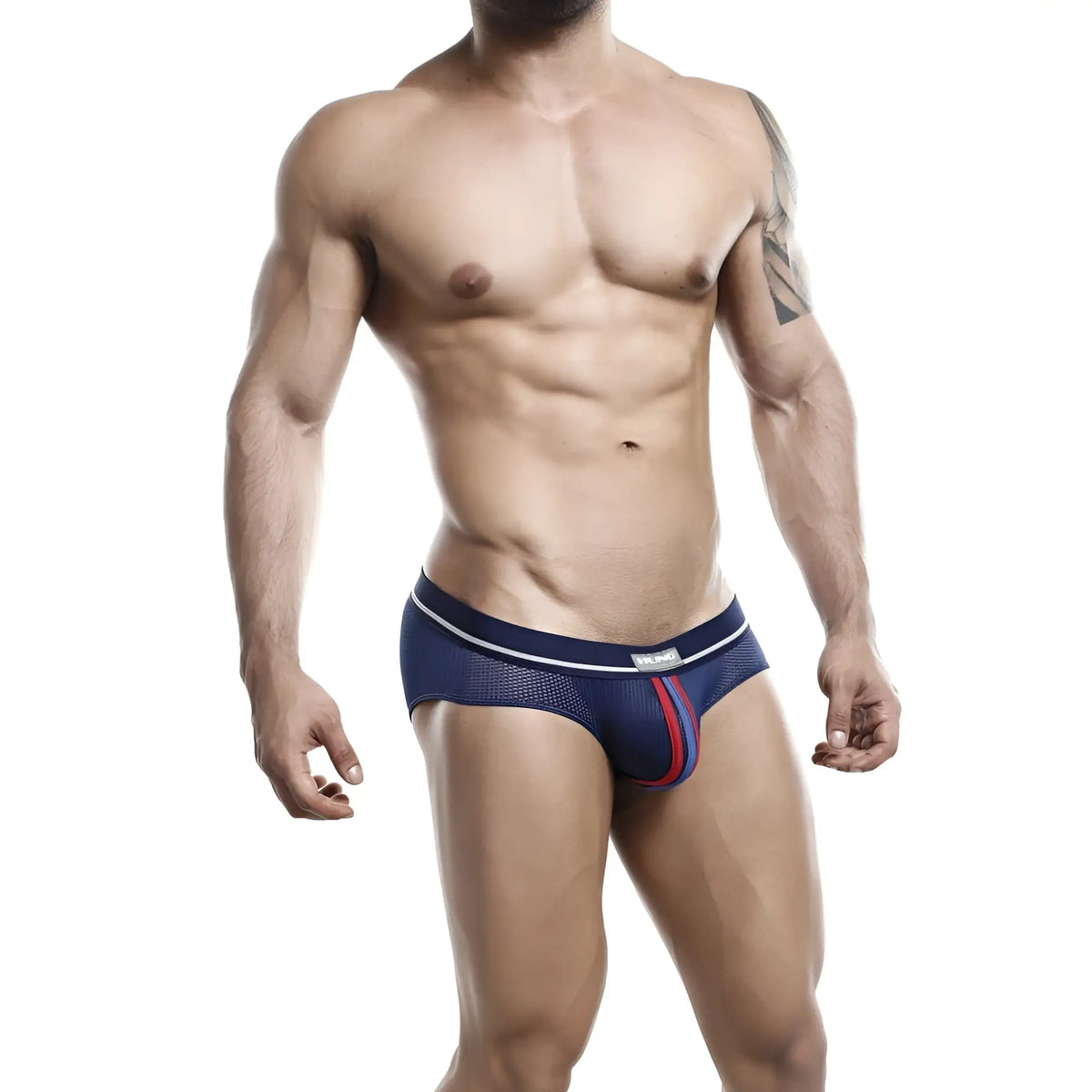 Navy blue mesh briefs with red and white trim front view from hung HGJ007 offering breathable comfort