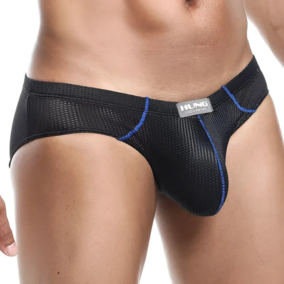 Black mesh hung HGJ008 briefs with blue stitching and hung underwear label visible on the front