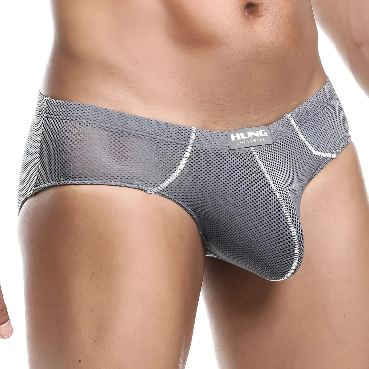 Gray mesh briefs with white stitching and hung underwear label from hung hgJ008 brief product line