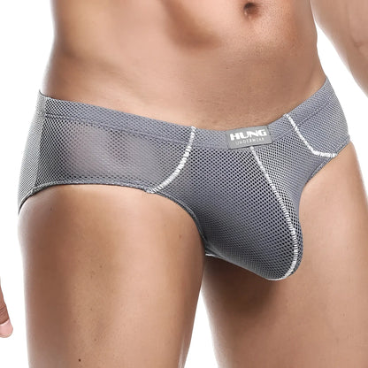 Gray mesh briefs with white stitching and hung underwear label from hung hgJ008 brief product line