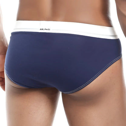 Navy blue hung hgJ009 race brief with a white waistband featuring black hung brand logo text