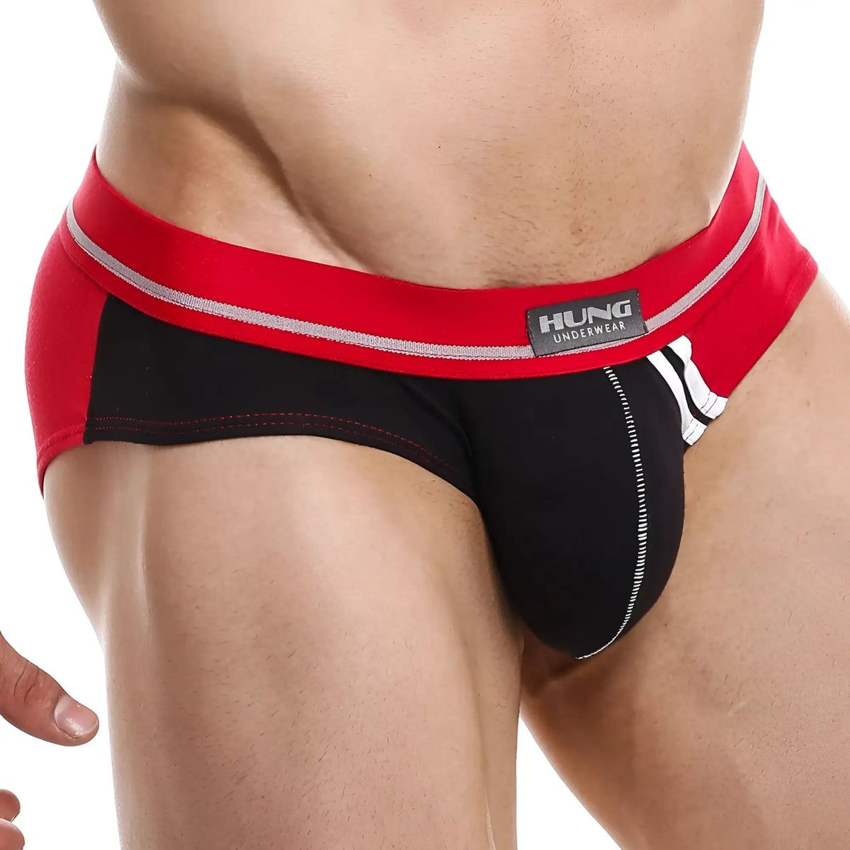 Red and black hung HGJ010 brief underwear with silver stripe detail shown from the front