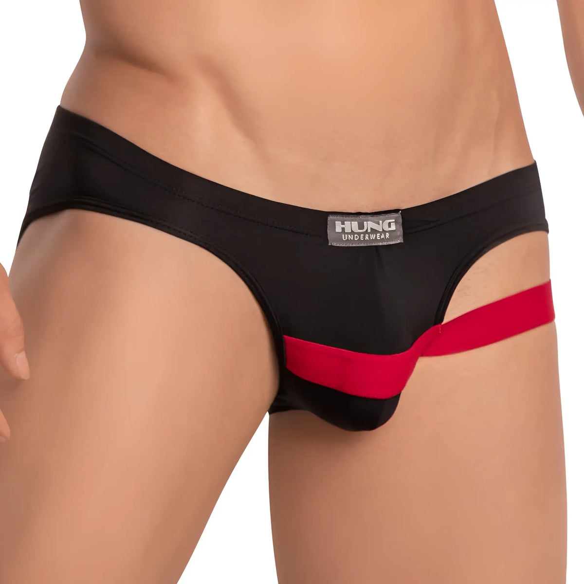 Black and red thong brief from hung underwear with a sleek form-fitting design for comfortable everyday wear