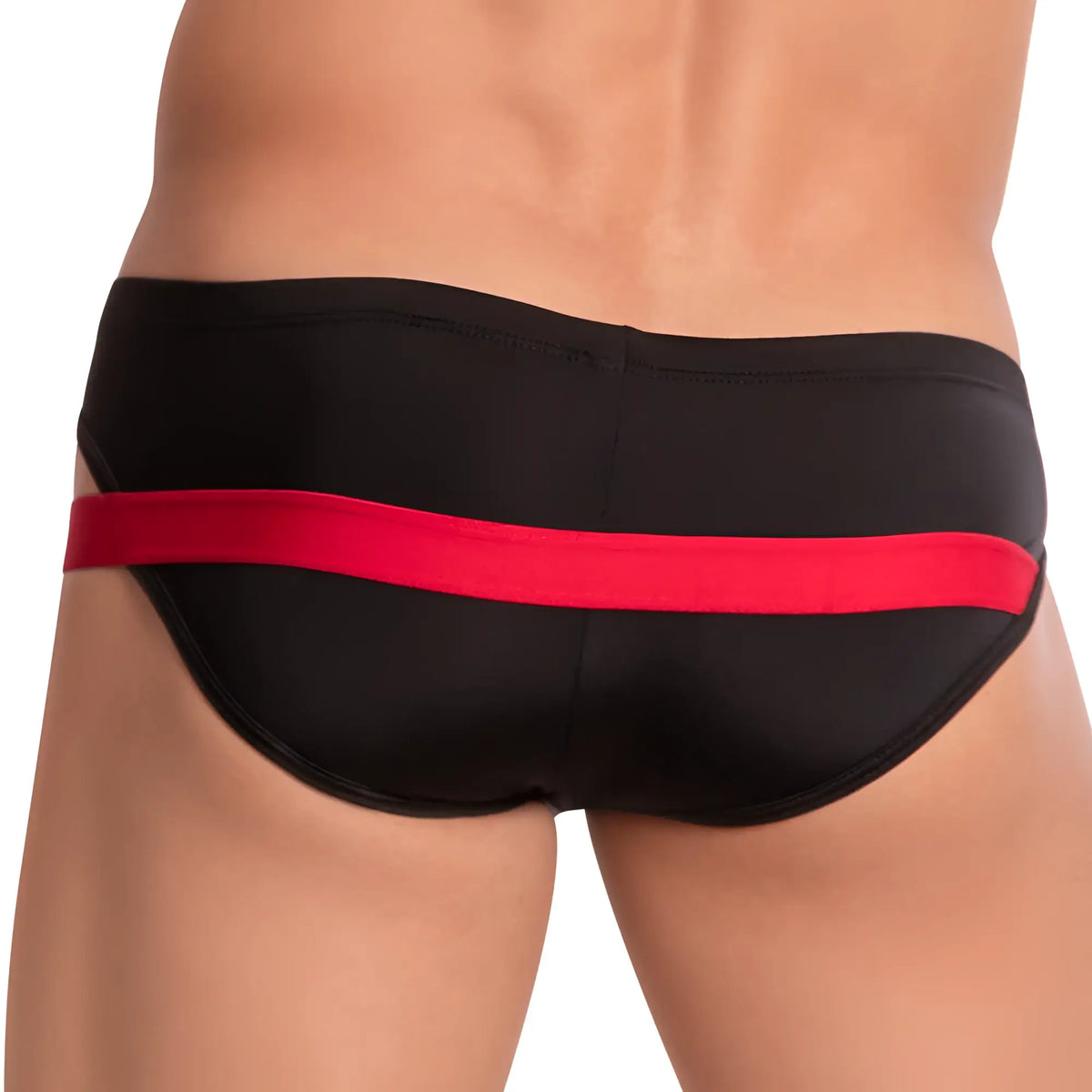 Hung hgJ015 brief black swim trunks with bold red waistband designed for comfortable swimwear use