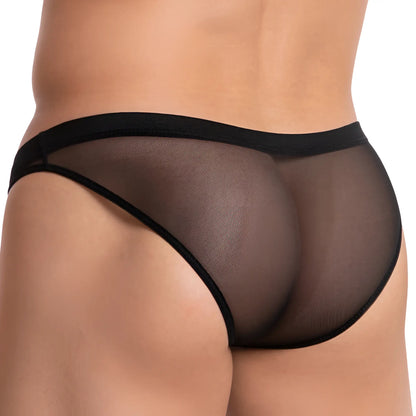 Black hung hgJ016 briefs made of sheer mesh with solid black waistband and leg openings front view