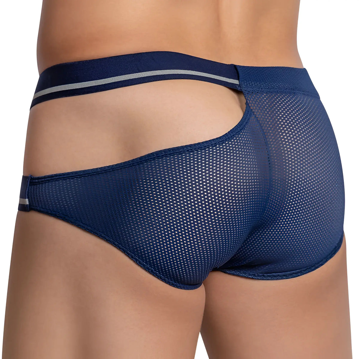 Navy blue mesh briefs hung HGJ018 with gray stripe accent on waistband showing front side view