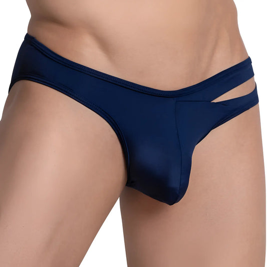 Navy blue satin Hung HGJ020 brief featuring a cutout design for stylish and comfortable wear