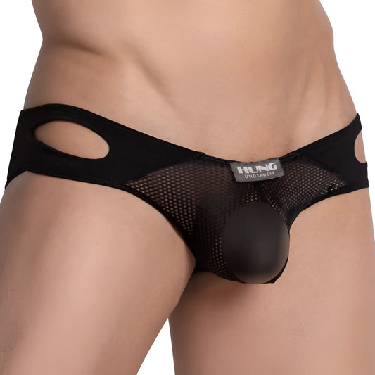 Hung HGJ021 brief black mesh with solid rounded pouch and oval cutouts on the sides for breathable comfort