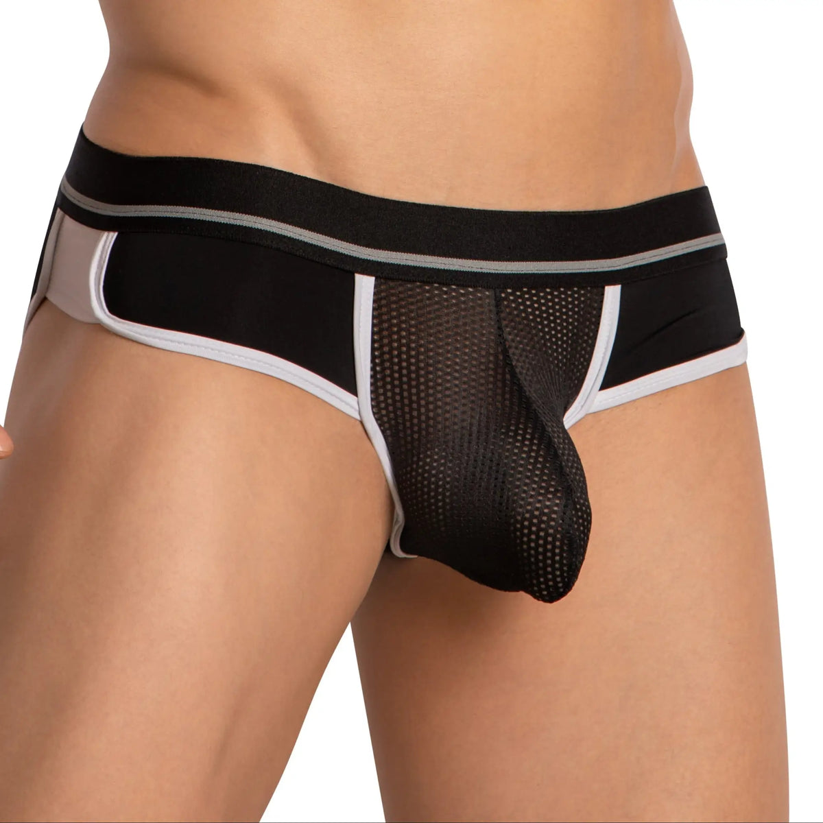 Black mesh briefs with white and gray trim from Hung HGJ022 offering breathable comfortable underwear