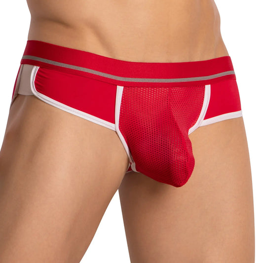 Red mesh briefs hung hgJ022 with white and silver trim for comfortable stylish underwear wear