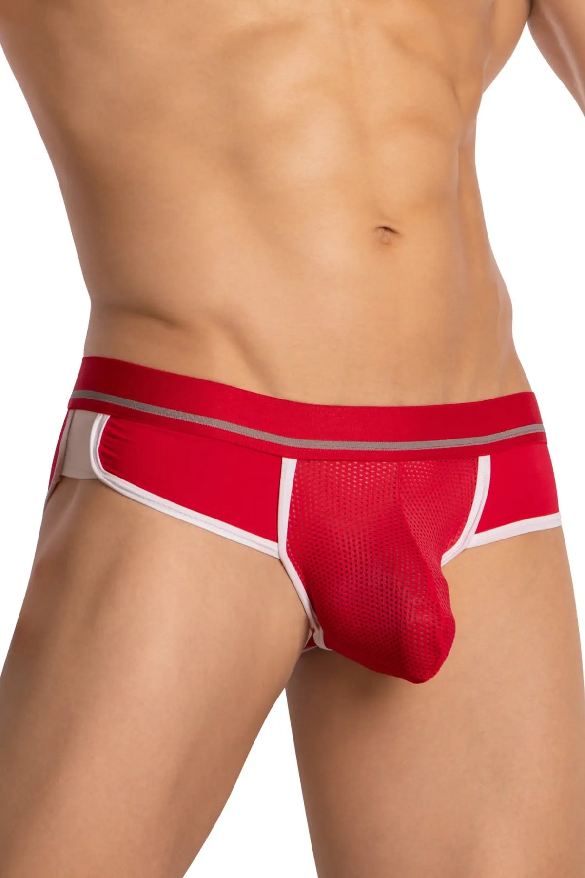 Hung HGJ022 brief red mesh briefs with white trim and silver stripe waistband for comfortable everyday wear