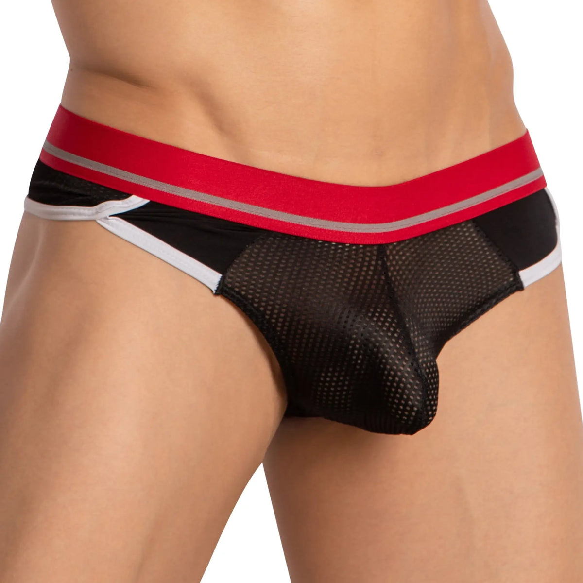 Black mesh briefs with red waistband and white trim in Hung HGK001 thong style front view