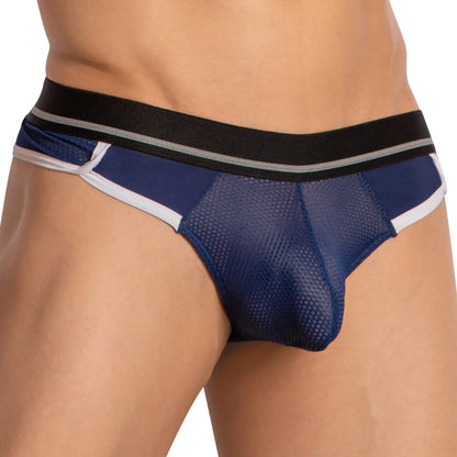 Navy blue mesh hung HGK001 thong briefs with black and white trim showing the back side of the product