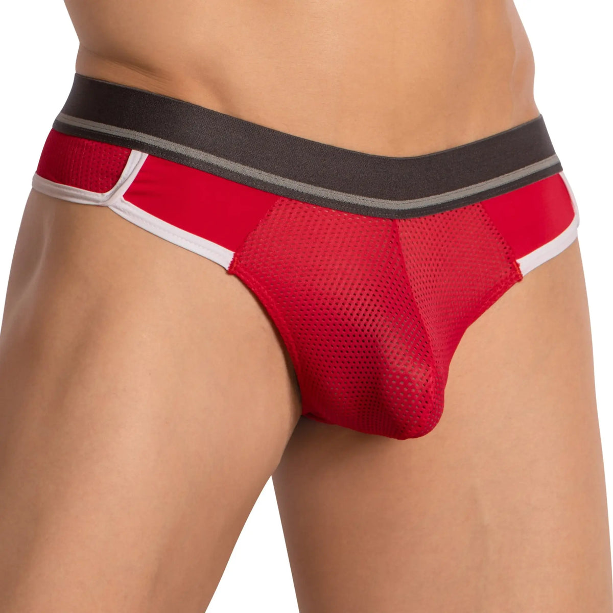 Hung hgk001 thong red mesh briefs with black waistband and gray white stripes showcasing front view