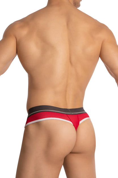 Hung HGK001 thong red mesh with black and white trim showing front view in breathable fabric design