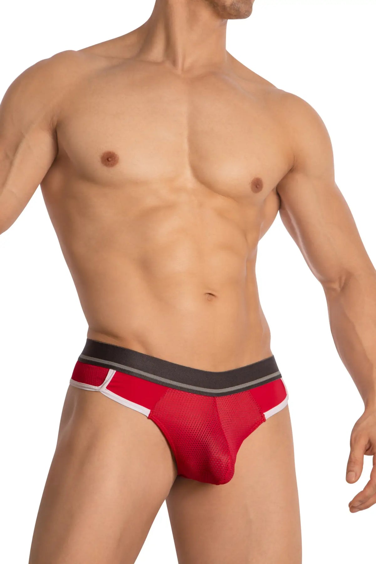 Red mesh briefs thong with black and white striped waistband by hung hgk001 shown from the back side