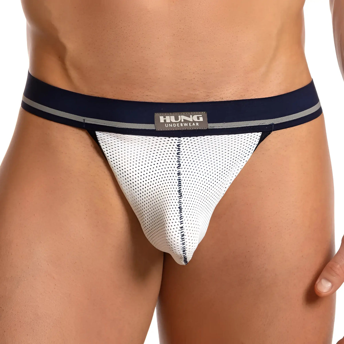 White mesh Hung HGL010 g-string briefs with navy blue waistband gray stripes and hung underwear brand label