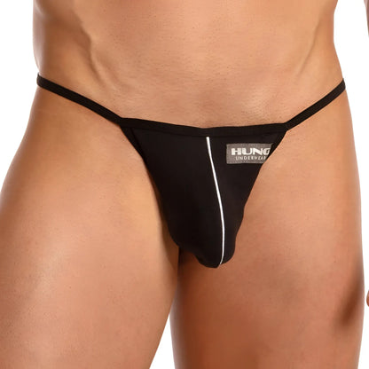 Black hung hgl011 thong underwear with white vertical stripe and brand logo on front in a hung style