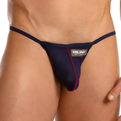 Navy blue hung HGL011 thong with red trim and gray brand label made from soft fabric for comfortable wear