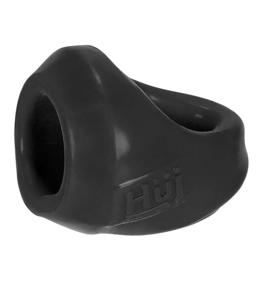 Black silicone cock and ball sling with two circular openings and debossed logo on a white background.