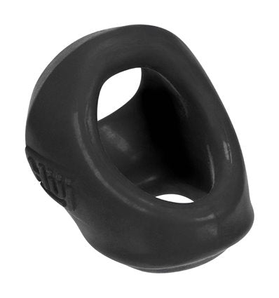 Black silicone cock and ball sling with two circular openings against a plain white background.