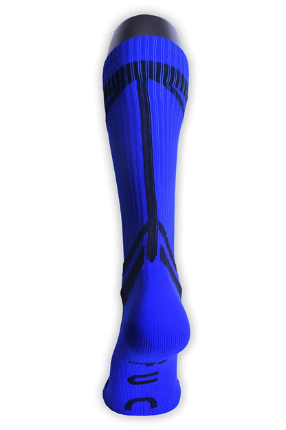 Vibrant royal blue Hybred socks with black ribbed stripes and reinforced heel designed for athletic performance wear