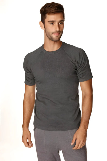 A dark heather gray short-sleeved hybrid crew neck raglan tee featuring comfortable lightweight fabric