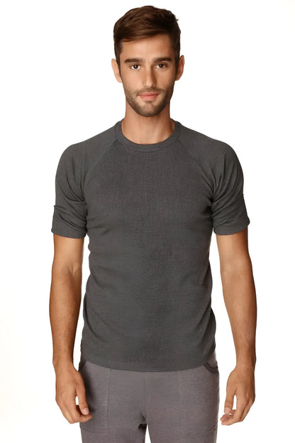Men’s dark gray heathered hybrid crew neck raglan tee with short sleeves made for athletic performance
