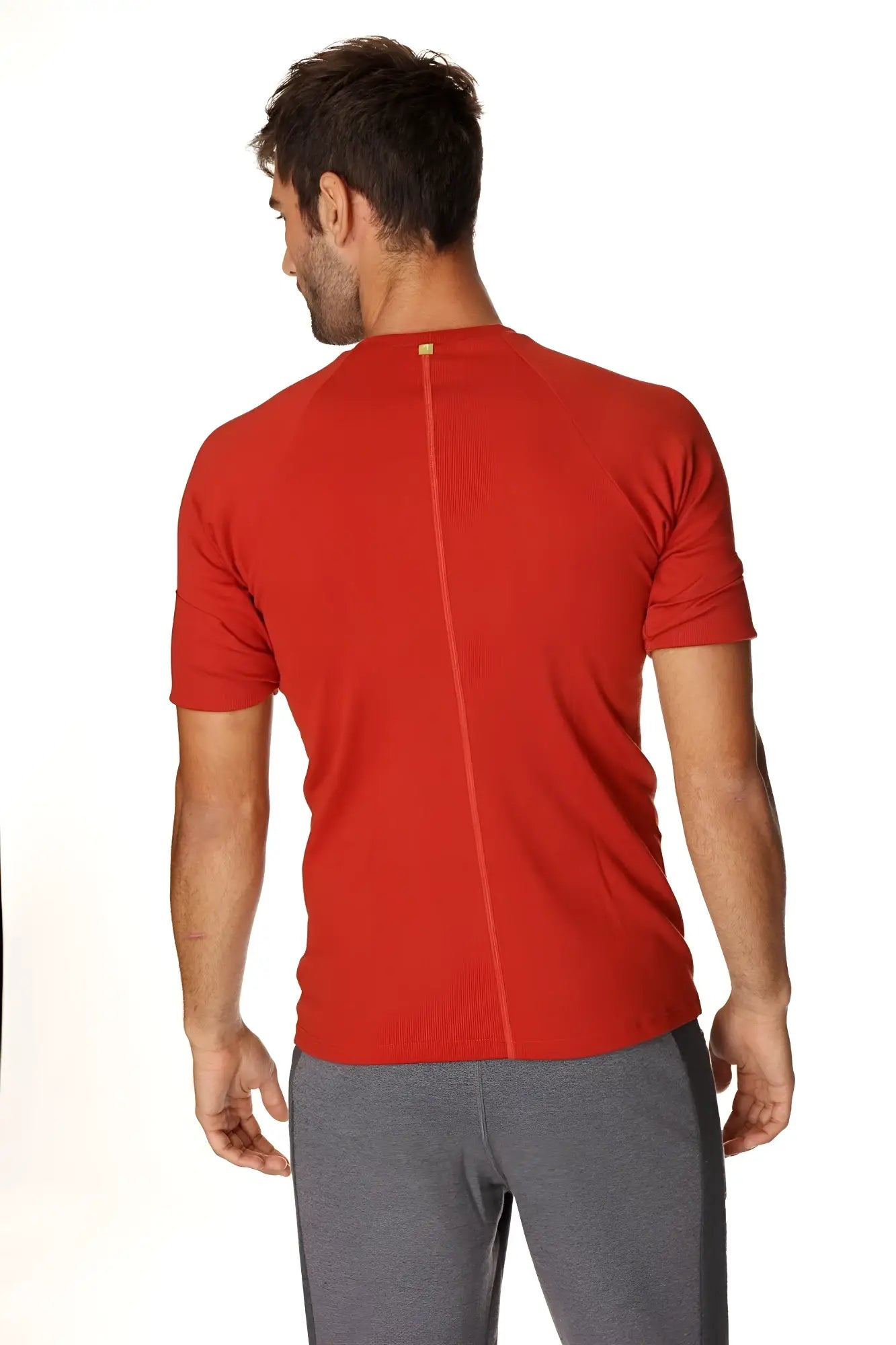 Red short-sleeved hybrid crew neck raglan tee in cinnabar red shown from back with central seam detail