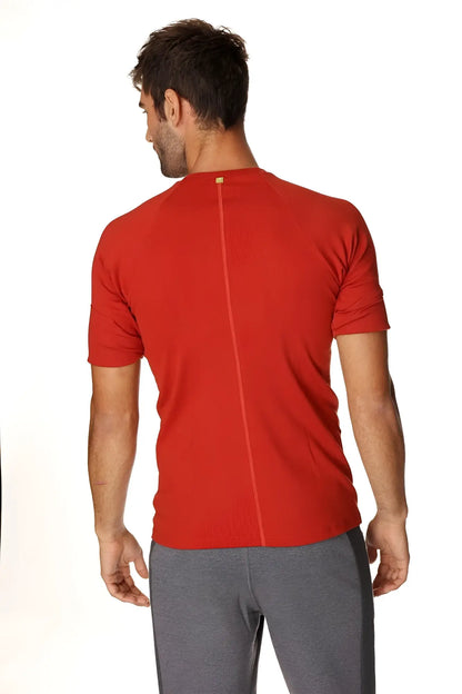 Red short-sleeved hybrid crew neck raglan tee in cinnabar red shown from back with central seam detail