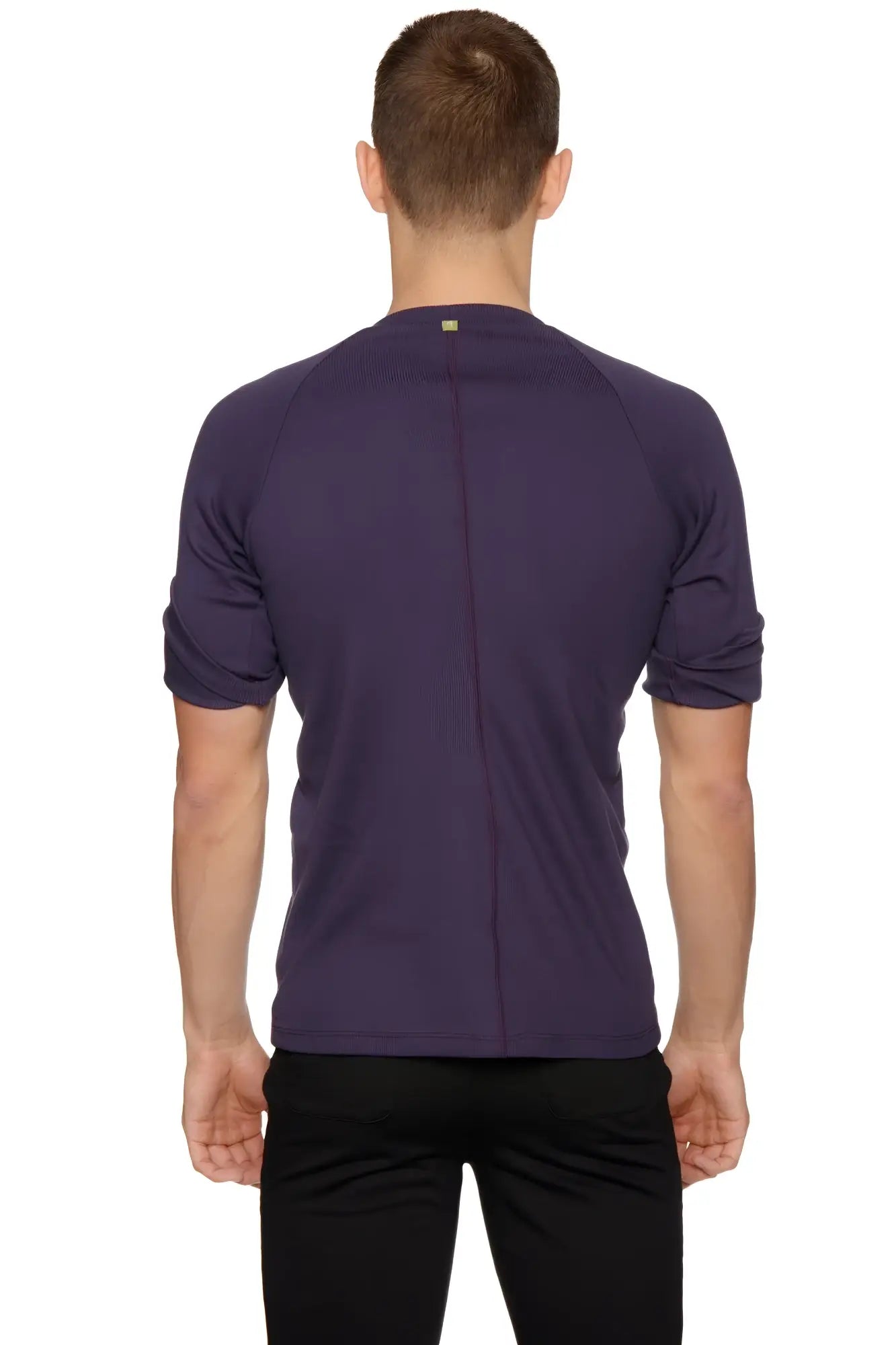 Dark purple hybrid crew neck raglan tee with short sleeves ribbed collar and subtle seam detailing for athletic wear
