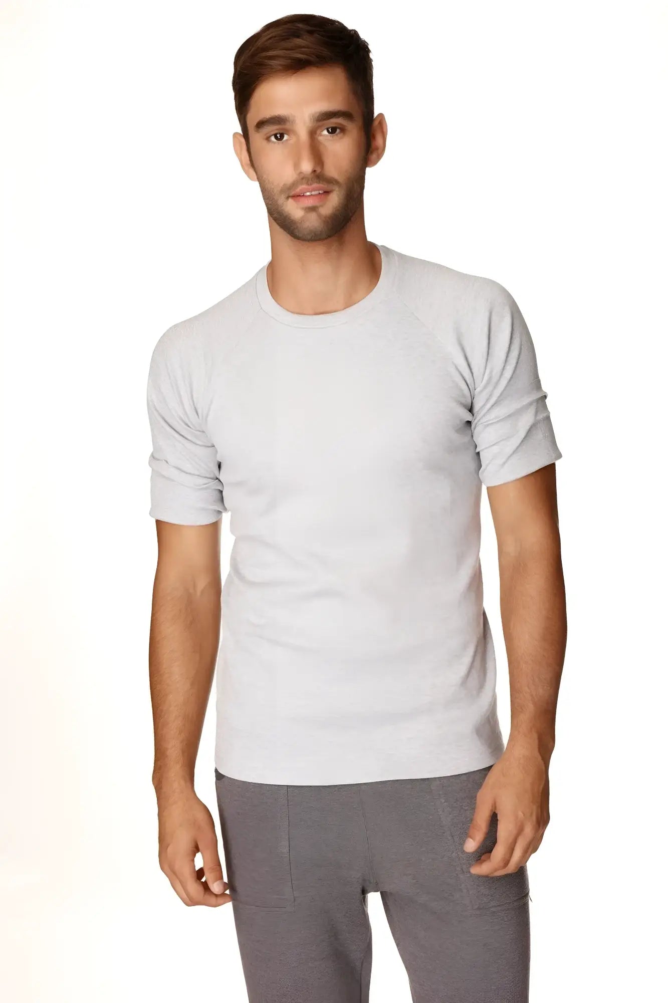 Light gray heathered cotton hybrid crew neck raglan tee with rolled up sleeves for casual wear