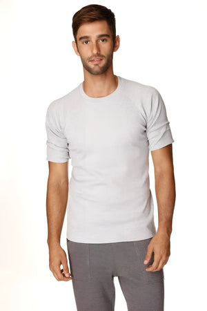 Light gray heathered cotton hybrid crew neck raglan tee with rolled up sleeves for casual wear