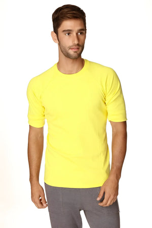 Bright yellow hybrid crew neck raglan tee with short sleeves made from soft breathable fabric for casual wear